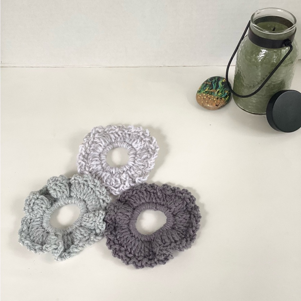 Hair Scrunchies Hand Crafted Gray Silver White Boho Crochet Messy Bun - Picture 3 of 10